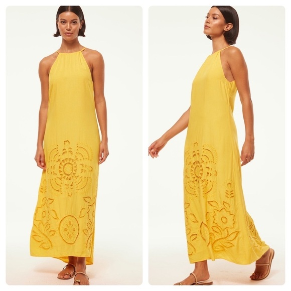 MISA Los Angeles Alejandra Boho Embroidered Maxi Yellow Halter Dress🌼Size S NWT - Picture 1 of 16